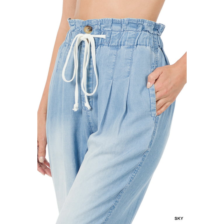 Women's Chambray Drawstring Elastic Waist Lightweight Denim Baggy Pants  with Side & Back Pockets 
