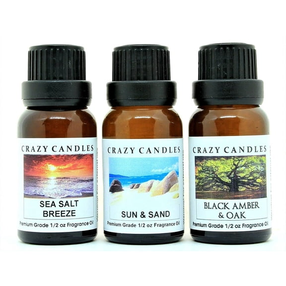 Crazy Candles 3 Bottles Set, 1 Sea Salt Breeze, 1 Sun & Sand, 1 Black Amber & Oak 1/2 fl oz Each (15ml) Premium Grade Scented Fragrance Oils