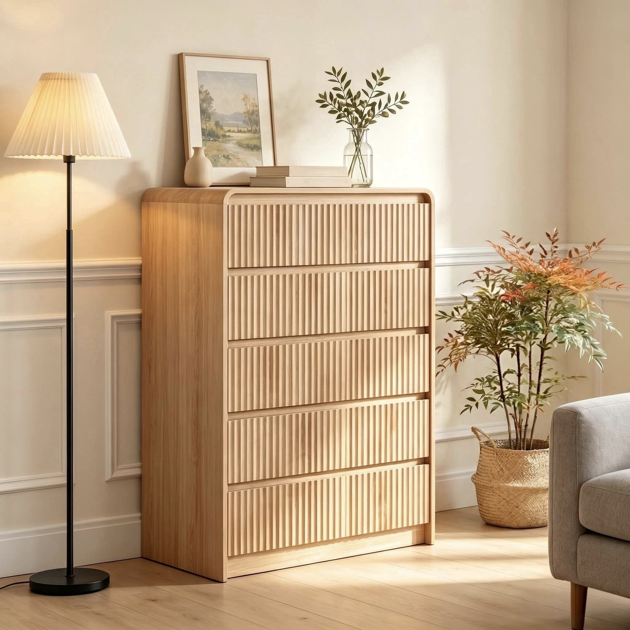 YDN Modern Fluted 5 Drawers Dressers for Bedroom with Drawers - 31.5" Wooden Tall Chest of Drawers, Curved Dresser Storage Organizer with Anti-Tip for Closet Hallway, Entryway, Living Room, Natural