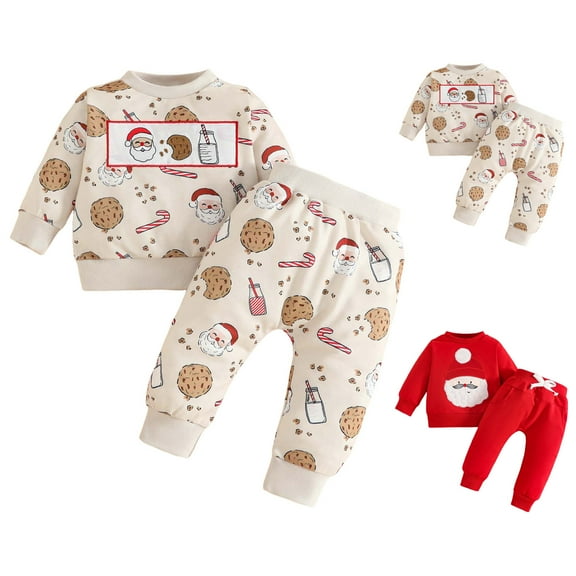 Ulanda Toddler Baby Boy Christmas Outfits Long Sleeve Santa Claus Print Pullover Sweatshirt Joggers Pants Fall Winter Clothes (Beige, 18-24 Months)