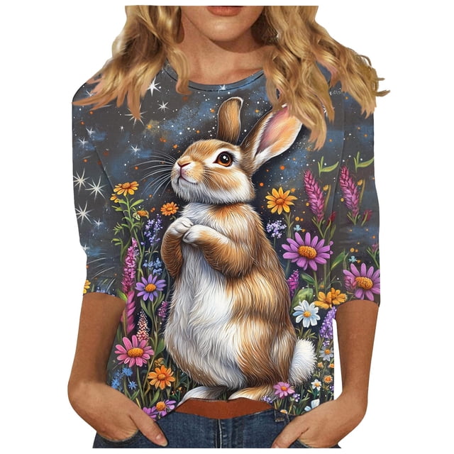Chemise de Pâques pour Femmes, Hauts à Manches Trois Quarts, Tunique Imprimée Décontractée, Blouse Ample à Col Rond pour la Maison, Usage Quotidien, Tenue de Week-End de Pâques
