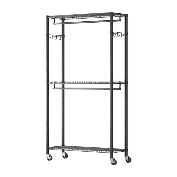 KFFKFF Rolling Clothes Rack, Heavy Duty Clothing Garment Rack, 3 Adjustable Tiers Clothing Racks with Carbon Steel, 450 lbs Load Capacity Closet Wardrobe
