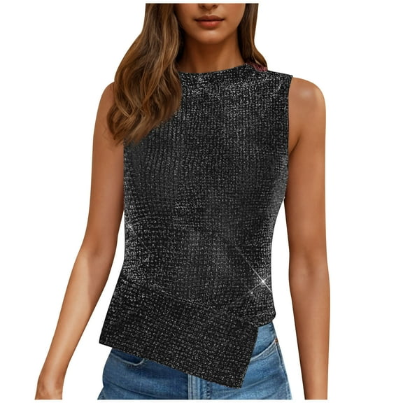 Mittory Women's Plus Size Sparkle Tank Tops Sequin Mock Neck Sleeveless Party T-Shirt Clubwear