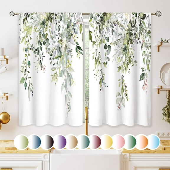 Eucalyptus Botanical Leaves Grey Floral Kitchen Window Curtains Over Sink Farmhouse Flower Leaf Small Window Treatment Cafe Short Curtains for Bathroom Treatment Tier Drapes 27.5x24 inch