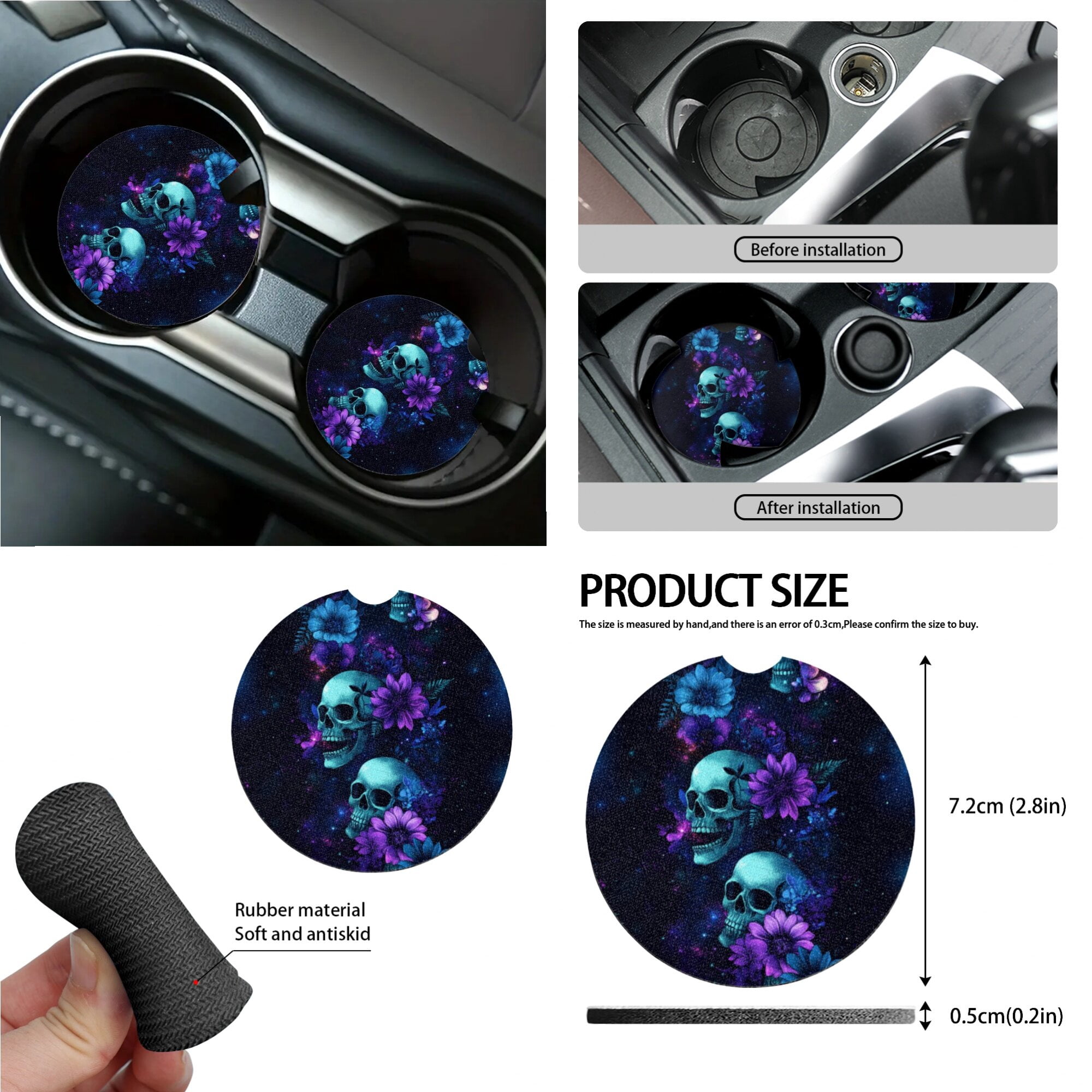 LedBack Skull Flower Print Car Seat Cover Sets Full Set Universal Car Front Back Seat Cover Safety Belt Pads Rear View Mirror Protector Trash Can Cup Cushions for Truck SUV Sedan