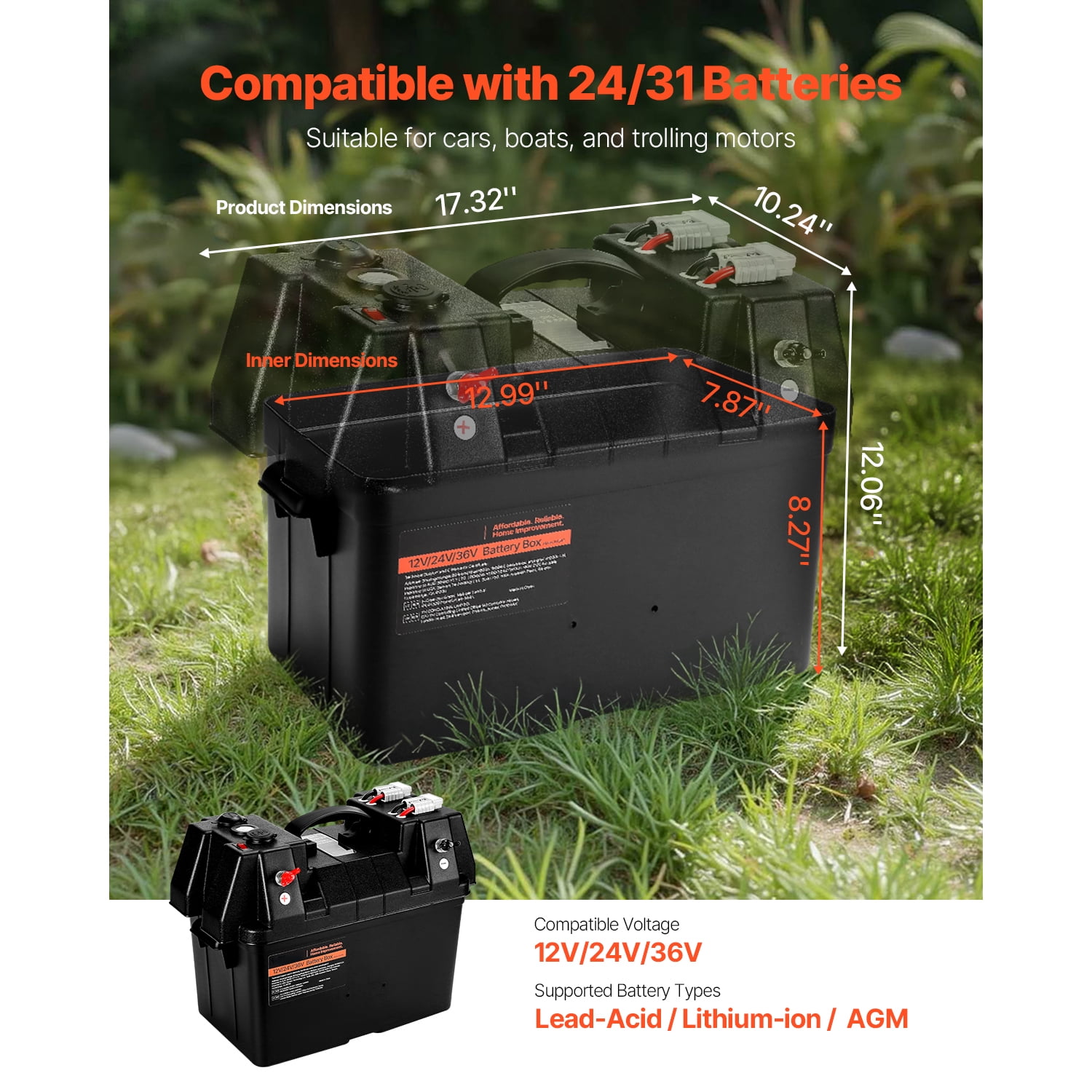 KFFKFF Battery Box for Group 24/31, Compatible with 12V/24V/36V Marine Batteries, Durable PP Shell with Dual Straps, Smart Design for Trolling Motors, Marine Use, RVs, and Solar Panels