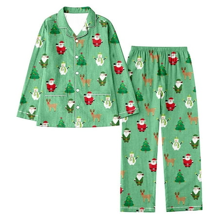 Women Christmas Lapel Full Print Santa Holiday Snowflakes Long Sleeve Pant Set