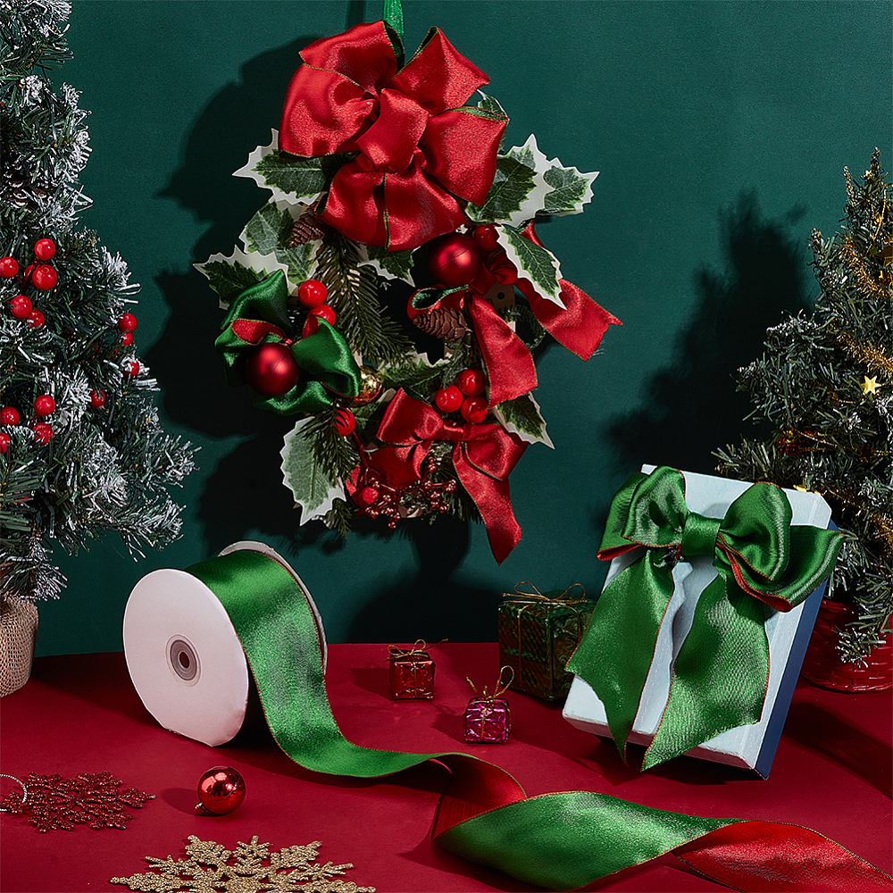 Christmas Polyester Ribbon with Iron Wire Edge for Garment Accessories Gift Decoration Green 2-1/2 inch(65mm) about 25.00 Yards(22.86m)/Roll