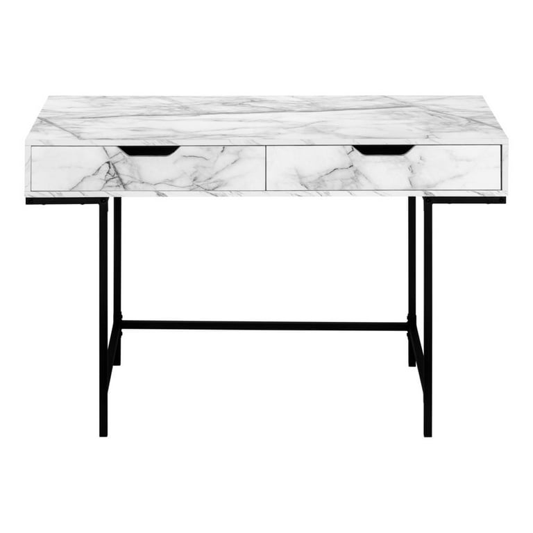 Computer Desk 2 Storage Drawers Recessed Metal Legs 48 L White Marble Look Black