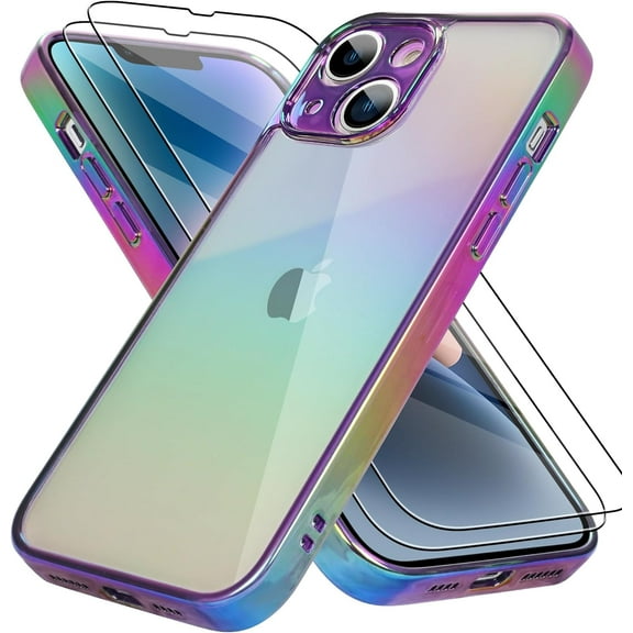 Compatible with iPhone 14 Case Bling Laser Florescent Iridescent Crystal Luxury Case Camera Protector   2* Screen Protector Shockproof Protective Anti-Skid Edge Cover -Purple
