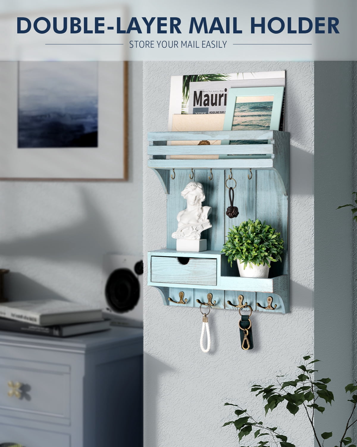 Rebee Vision Rustic Key Holder Wall Mount for Home Decor - Mail Organizer with 9 Key Hooks and Mini Drawer Organizer (Blue, 12inch)