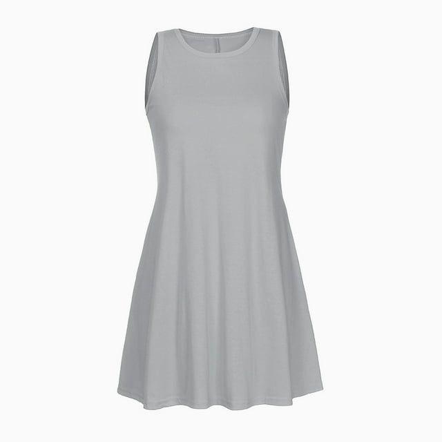 Robes pour Femmes Plage Mode Femmes Col Rond Décontracté Uni Poches Sans Manches au-Dessus du Genou Robe Vacances Sans Manches Col Rond Couleur Unie Robe Portefeuille avec Poche