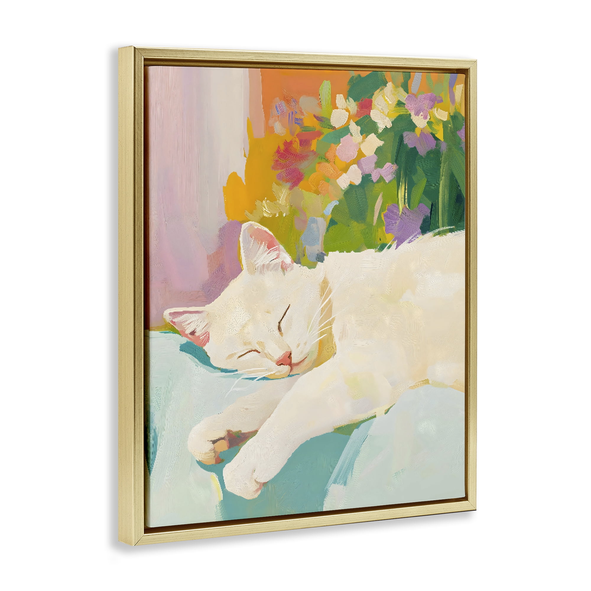 Stupell Industries Sleeping Cat with Flowers Gold Framed Floater Canvas Wall Art, design by The Prints Vibe
