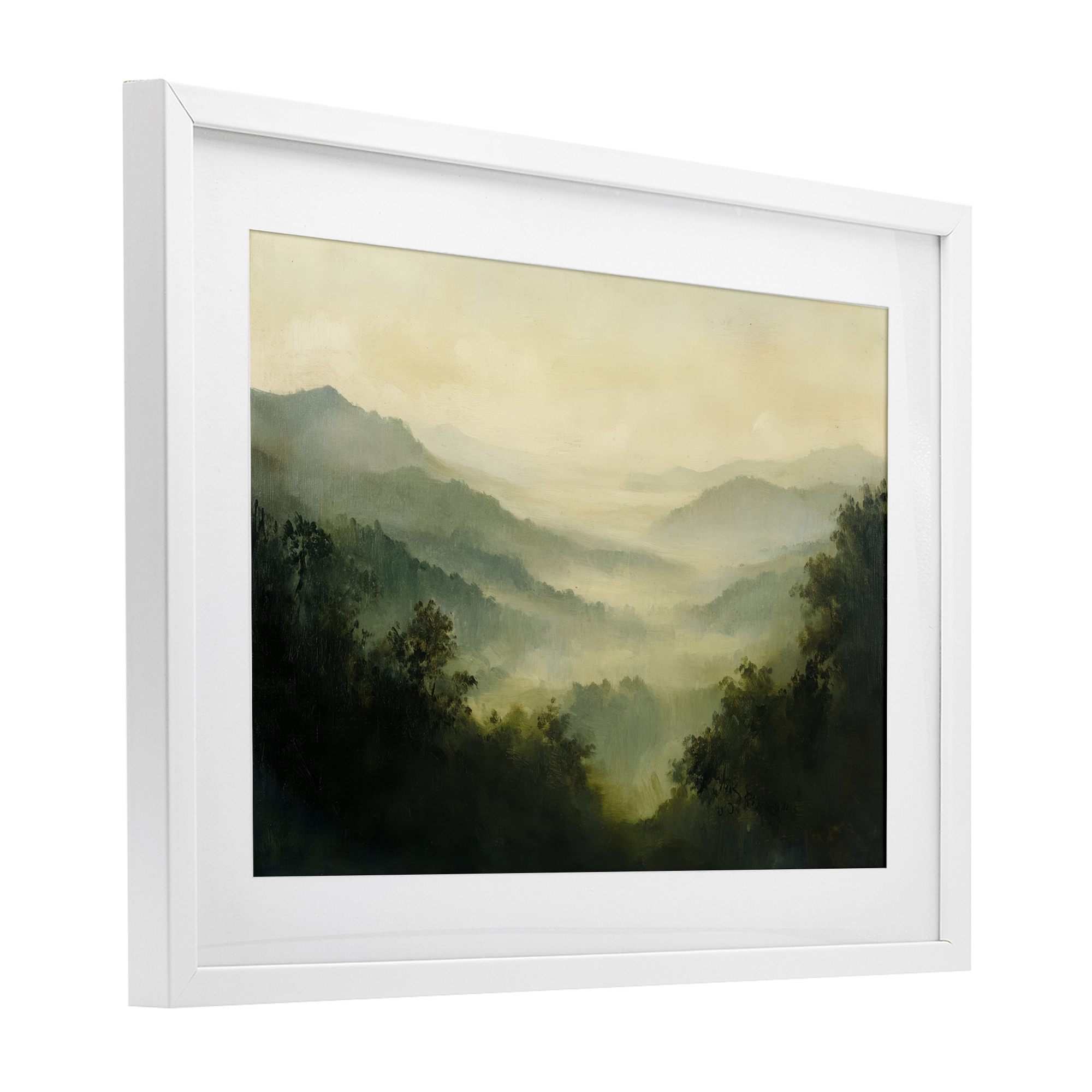 Through The Haze Landscape White Framed Print Under Glass, design by Petal Prints Design