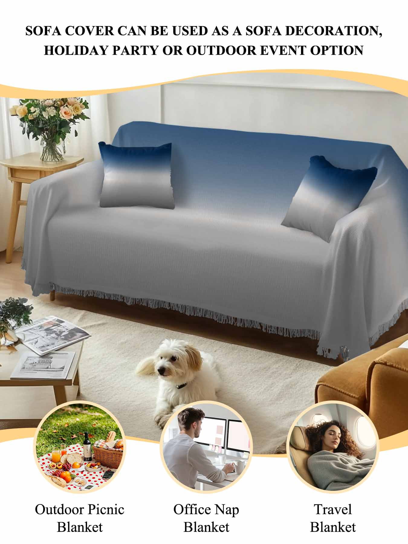 Navy Blue Gray Ombre Couch Cover, Modern Gradient Abstract Art Sofa Cover Blanket for 2 Seat Cushion, Sectional Sofa Slipcover Furniture Protector for Living Room Bedroom 71''x102''