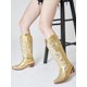 thumbnail image 2 of Retro Vintage Women Western Boots Chunky High Heels Cowgirl Cowboy Pull On Rhinestones Embroidered Knee High Shoes, 2 of 4