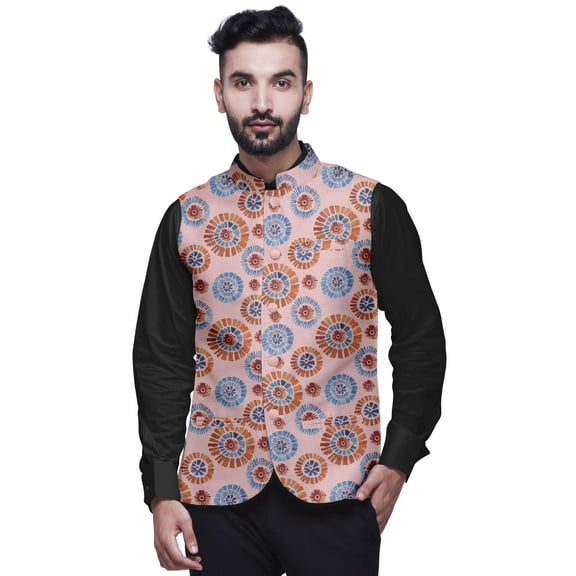 Atasi Your Pink Abstract Printed Wedding Jackets For Men Nehru Jacket Waist Coat For Festive Season-Large