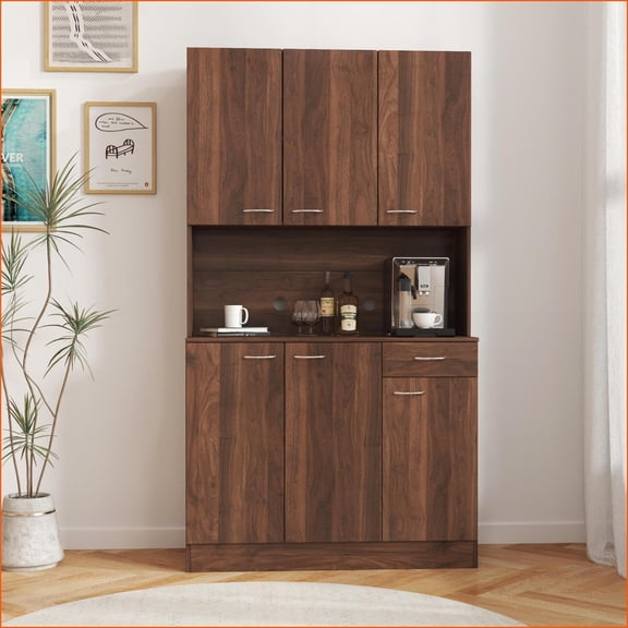Wardrobe Cabinet, Modern Walnut 70.9" Tall with 6 Doors 1 Drawer 1 Open Shelf | Melamine MDF
