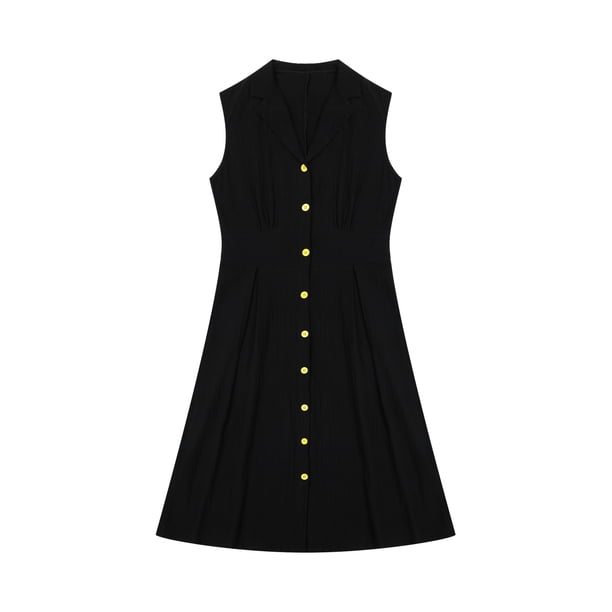 Sunloudy Vestido largo para mujer, sin mangas, cuello vuelto, con botones, informal, para fiesta, verano, vestido acampanado Sunloudy elegante