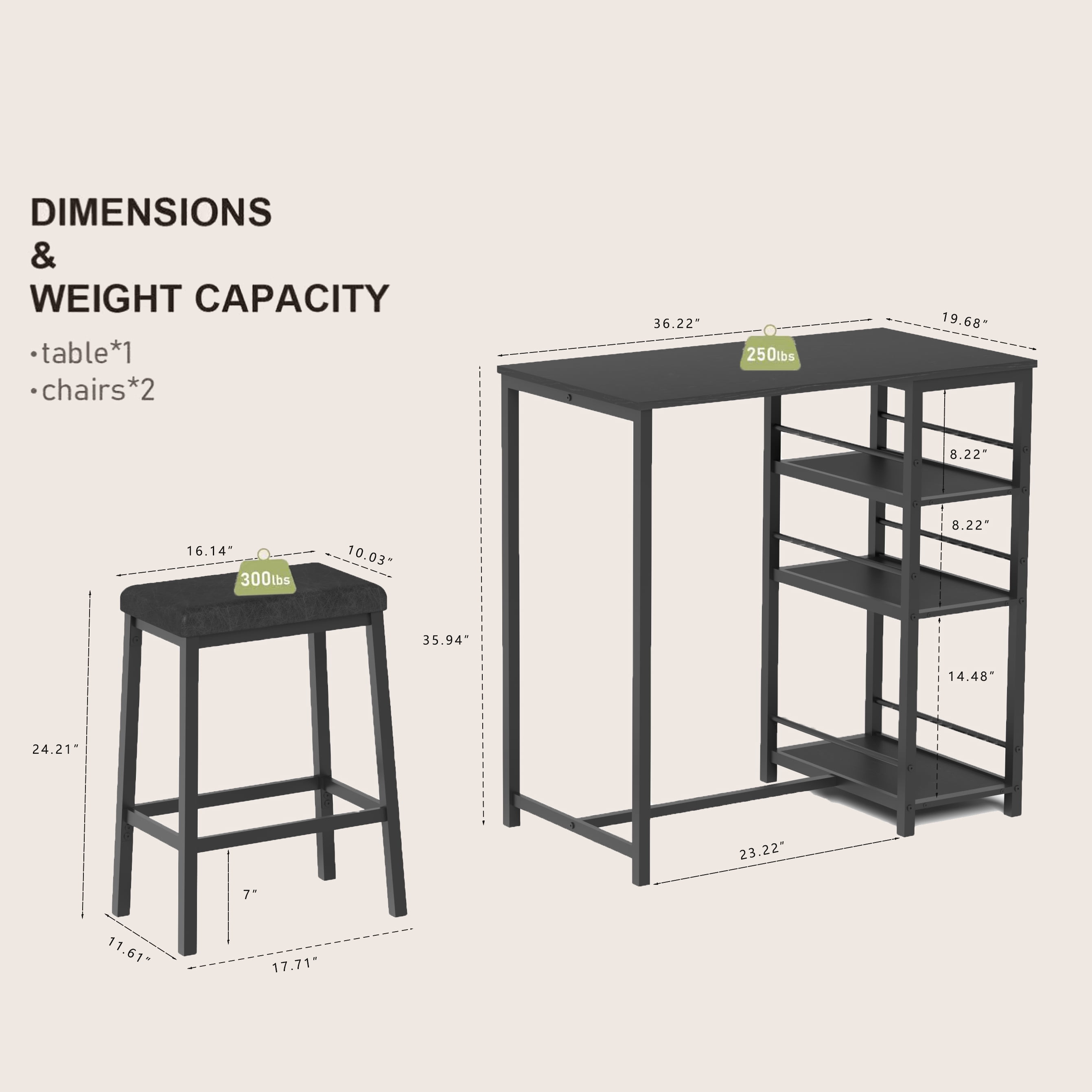 Aukfa Dining Table Set for 2, Kitchen Bar Table Set with Upholstered Stools for Small Space, Black