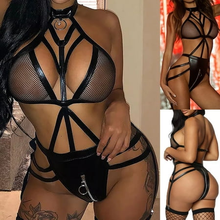 

Fengqque Women Exquisite Artificial Leather Lingerie Set Babydoll Intimates Sleepwear