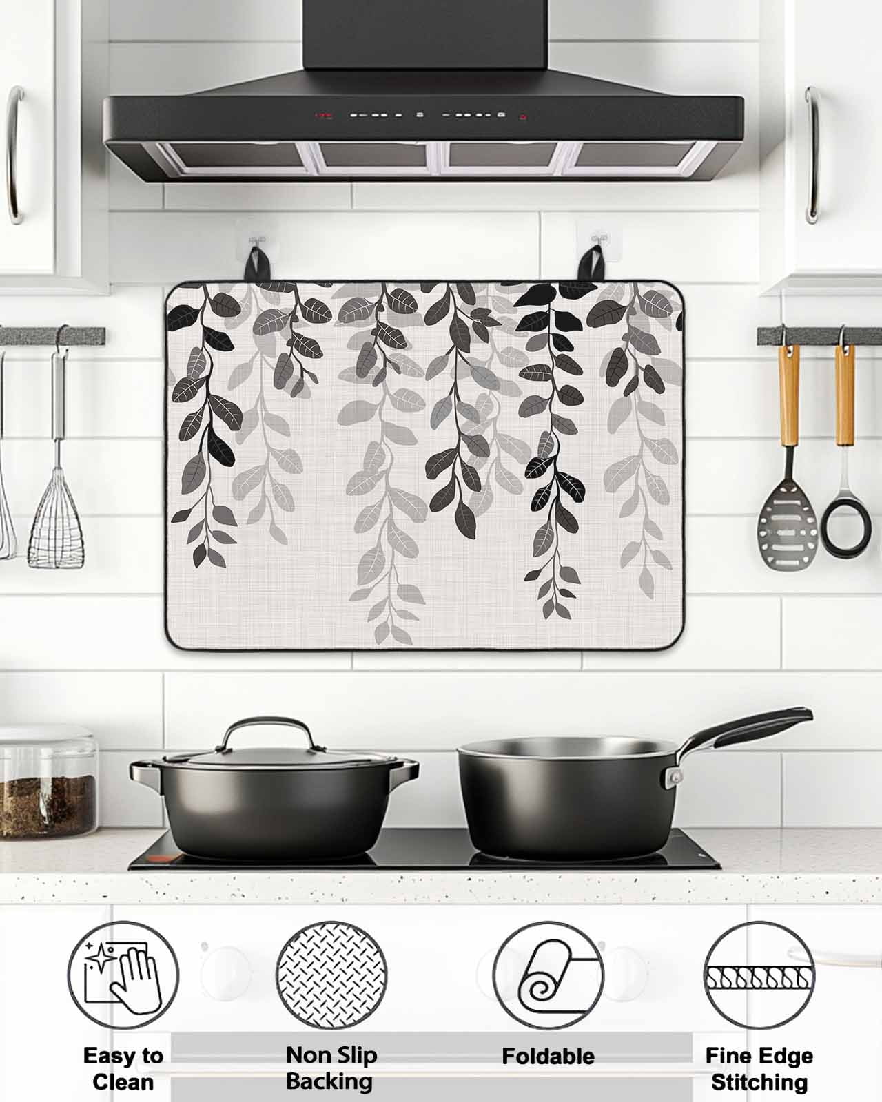 Stove Top Covers for Electric Stove, Grey Ombre Botanical Glass Stovetop Cover Protector, Watercolor Gray Pastoral Leaf Rustic Induction Cooktop Protector Oven Mat for Kitchen Countertop 31"x24"