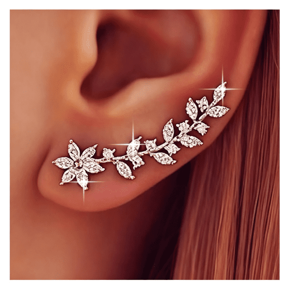 DESIGNICE Boho Long Crystal Cuff Wrap Earrings Gold Rhinestone Climber Earring Cz Flower Ear Pins Crawler Earring Cz Leaf Wrap Cuff Earrings Jewelry for Women Boho Cuff Earrings for Women