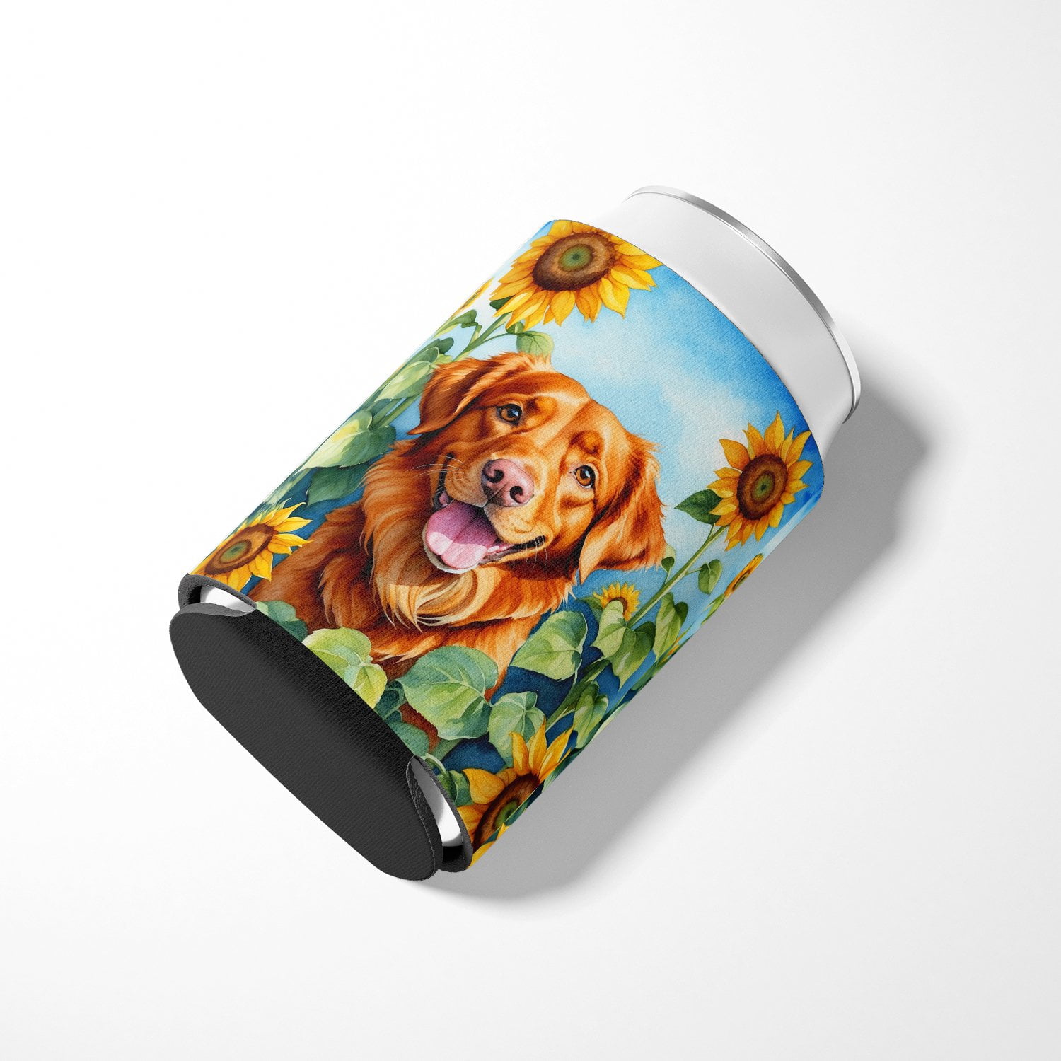 Nova Scotia Duck Toller in Sunflowers Can or Bottle Hugger 3 in x 5 in