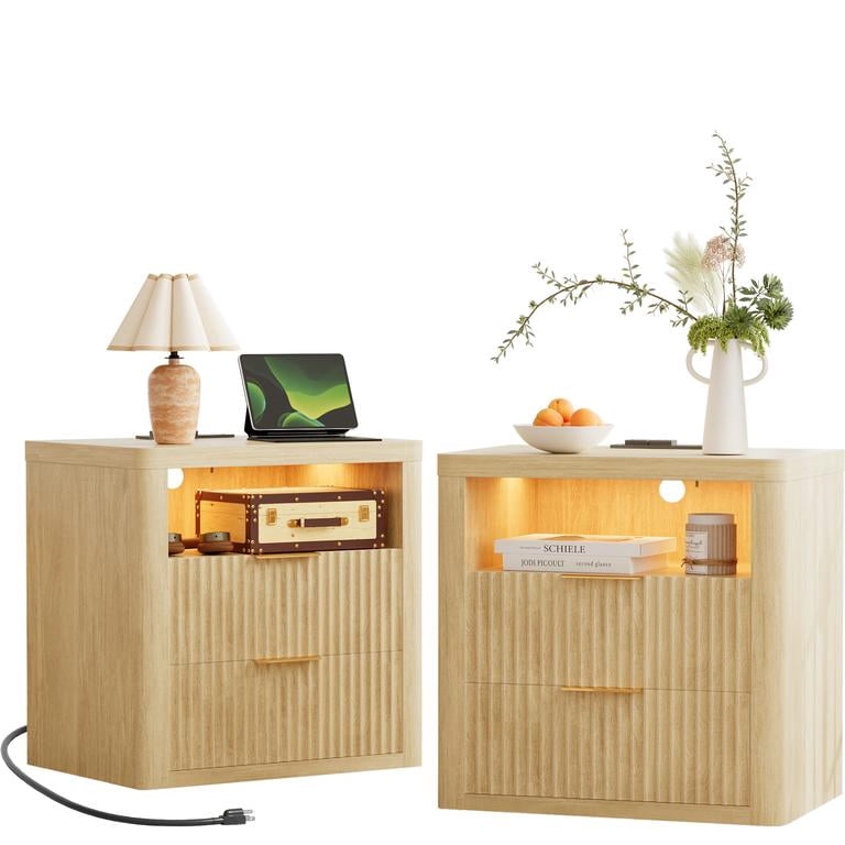 Lacoo End Table Set of 2 with Lights & Power Outlet, Fluted Nightstand with 2 Drawers for Bedroom, Sofa Side End Table for Living Room, Natural