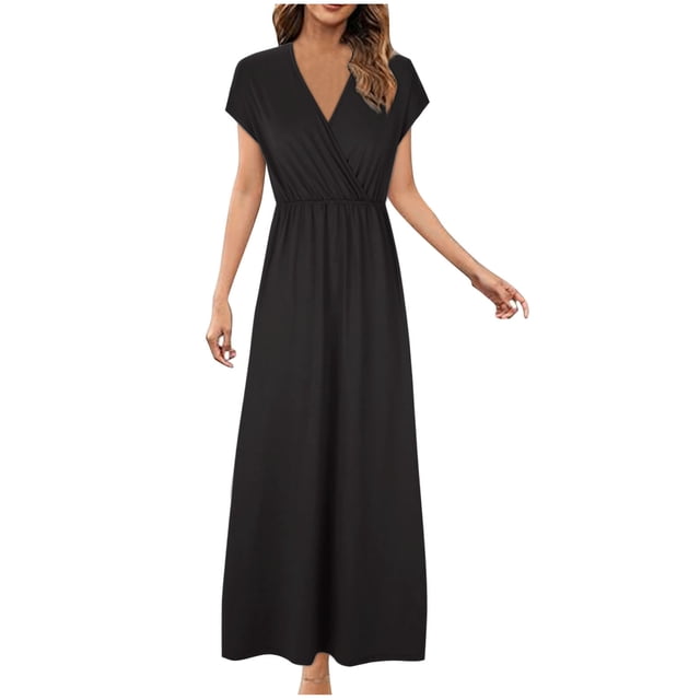 Bowake Robes Longues d'Été pour Femmes 2024 Col en V Manches Courtes Plissées Élégantes Robe Maxi Fluide Soirée