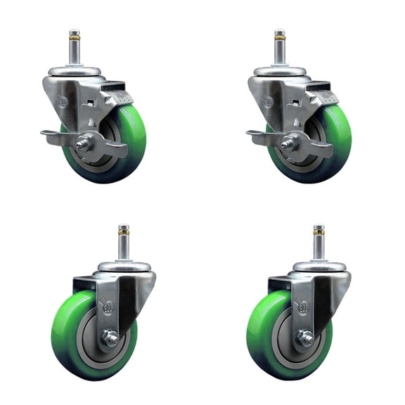 3.5 Inch Green Poly Wheel Swivel 7/16 Inch Grip Ring Stem Caster Set 2 Brakes