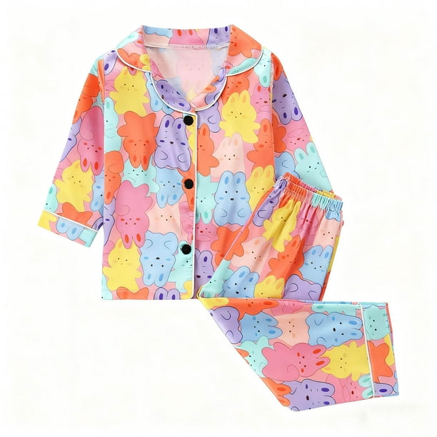 Conjunto de pijama de dos piezas para niños, de poliéster, con cuello vuelto, manga larga, estampado informal, top de solapa y pantalones largos.