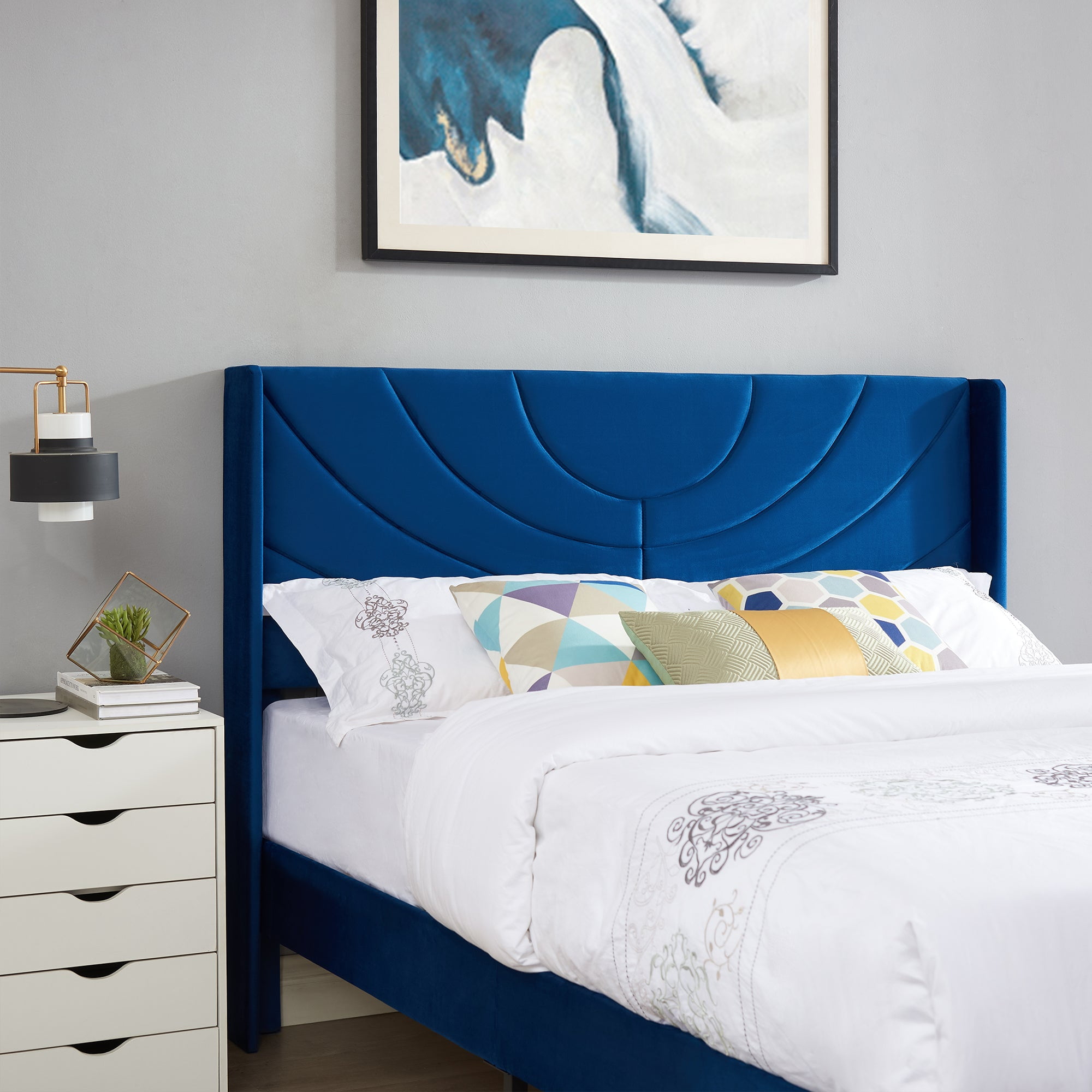 Javlergo Queen Bed Frame, Upholstered Platform Bed Frame with Headboard and Strong Wooden Slats, Non-Slip and Noise-Free,No Box Spring Needed, Easy Assembly, Queen Size Bed Frame, Dark Blue