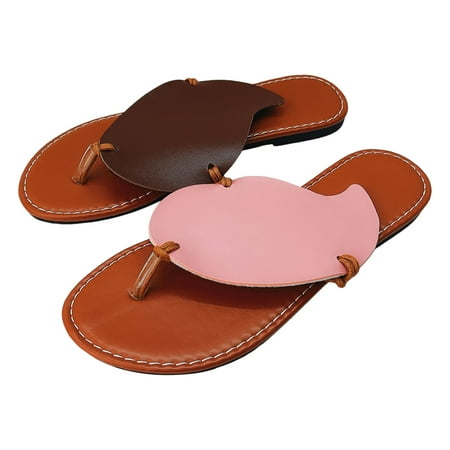 Blphud Flats Sandals Women Dressy Summer Flat Sandals for Women 2024 Womens Wedge Thong Sandals Ladies Summer Leaves Soft Leather Flat Bottom Beach Outer Wear Large Size Sandals Slippers Pink 37