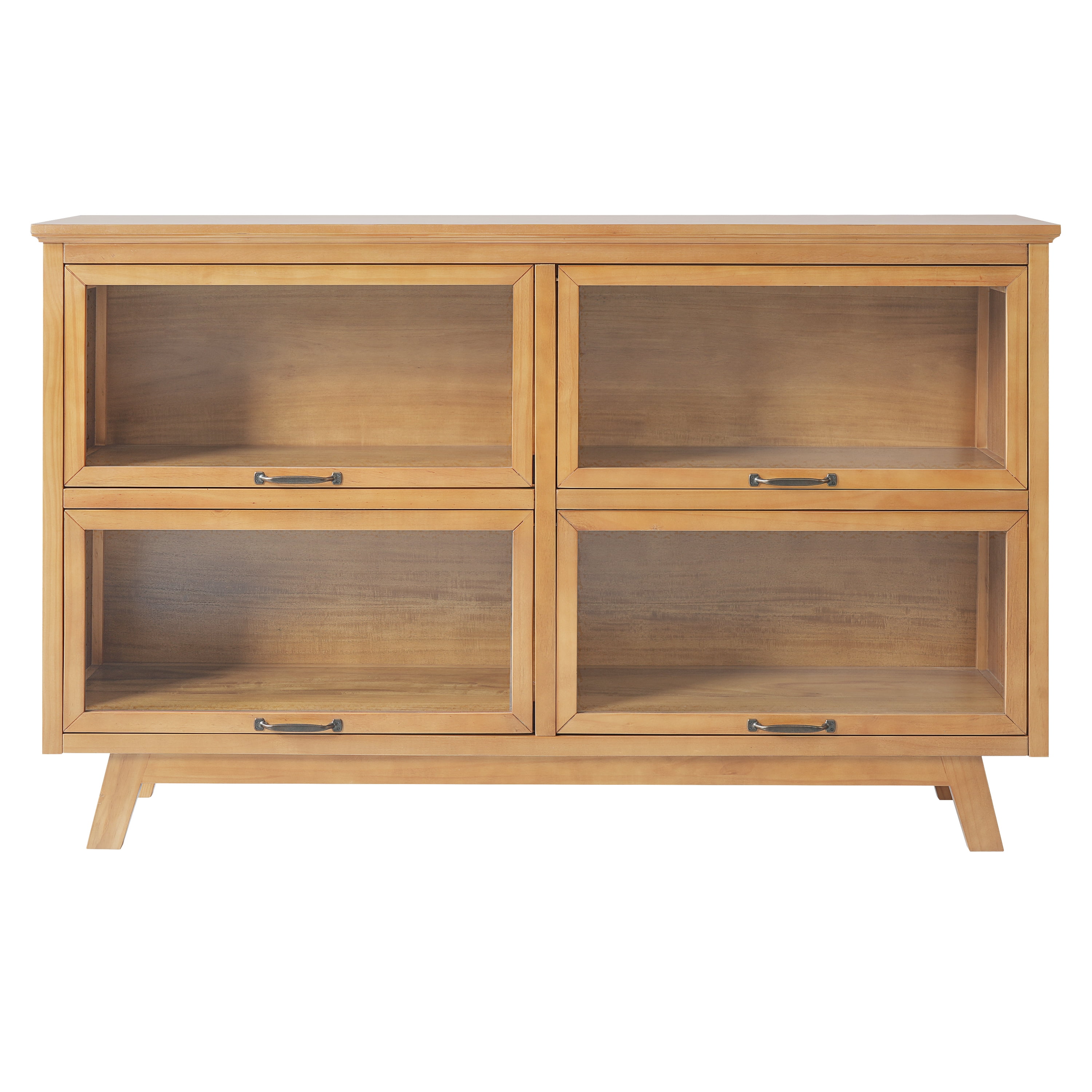 Modern Storage Cabinet with 4 Glass Doors and Wood Shelves, Display Cabinet with Antique Bronze Handles for Living Room, Natural