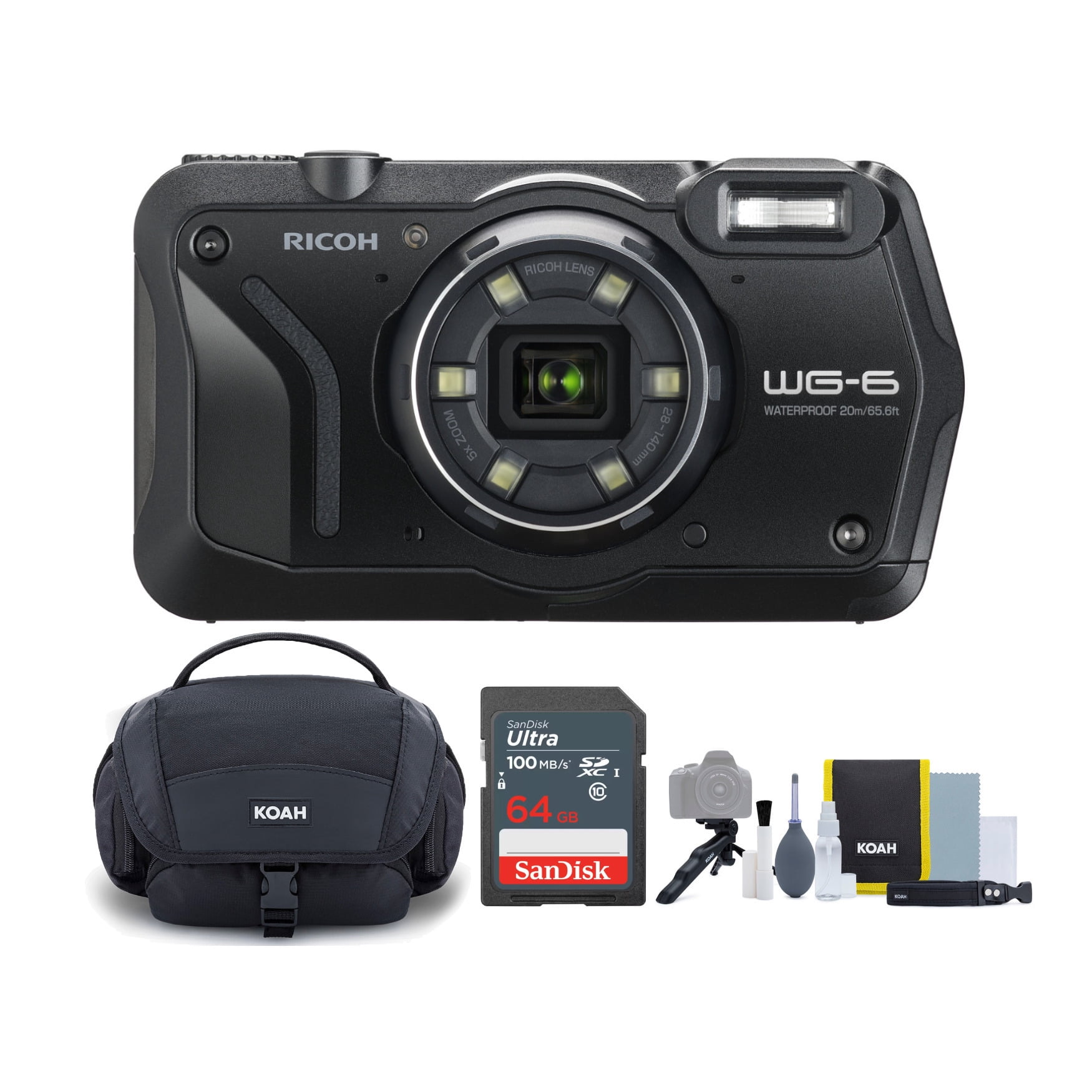 Ricoh WG-6 Digital Camera (Black) with Gadget Bag and 64GB Memory