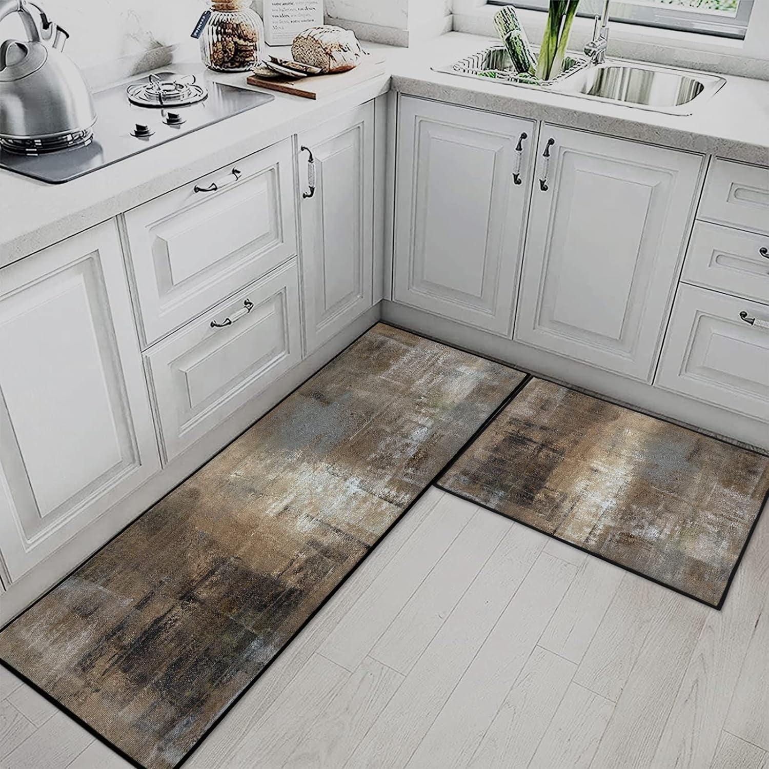 Brown Kitchen Rugs and Mats Non Skid Washable Set of 2, Modern Abstract Kitchen Mats for Floor, Contemporary Kitchen Runner Rug Vintage Painting Art Kitchen Decor