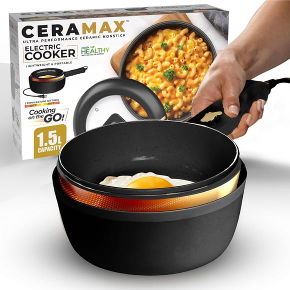 CERAMAX Electric Hot Pot with Lid and Steamer, 1.5L Non Toxic Ceramic Cooker Skillet for Ramen, Eggs, Pasta Portable and Compact for Dorms, Camping, RVs, Work, Adjustable Temperature - Black