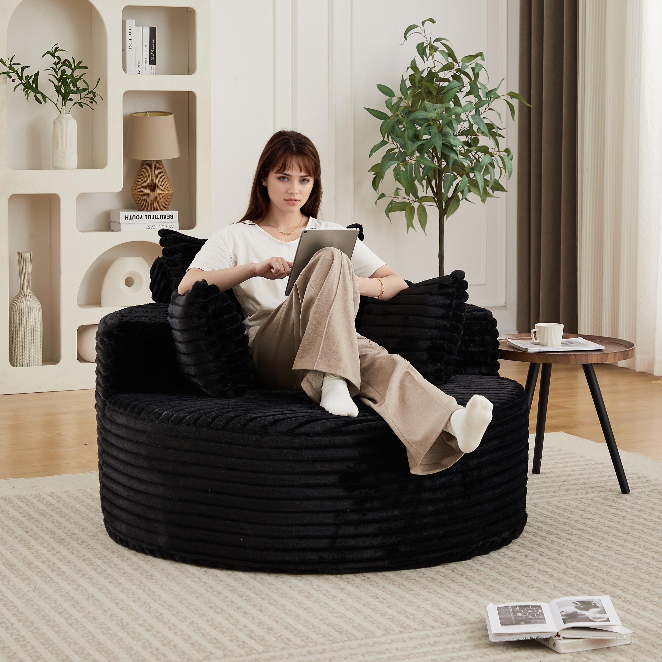 Aukfa 50" Oversized Corduroy Round Sofa Chair, Modern Deep Seat Chaise Lounge Chair Indoor with Pillows, No Assembly Required, Black