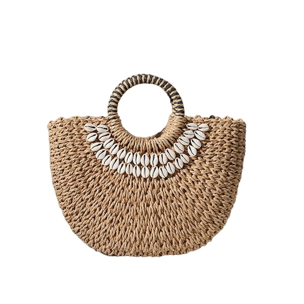 Qarigey Bolsos de mano de mimbre de media luna para mujer, bolsos de mano Vintage de mimbre tejido para verano, concha de playa, estilo bohemio, bolso de Bolsas de mensajero y de hombro Color café Qarigey AP018527-01