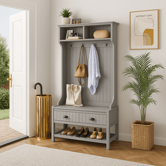 3-in-1 Hallway Hall Tree with 2 Storage Drawer and 4 Coat Rack, Wooden Entryway Shoe Rack Bench with Padded Seat Cushion, Mudroom Bench with Top Storage Shelf (Grey)