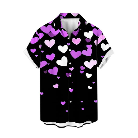 biudgviw Men's Valentines Day T Shirt Vintage Lapel Button Down Shirts Heart Print Short Sleeve Graphic Tee Tops M-4XL