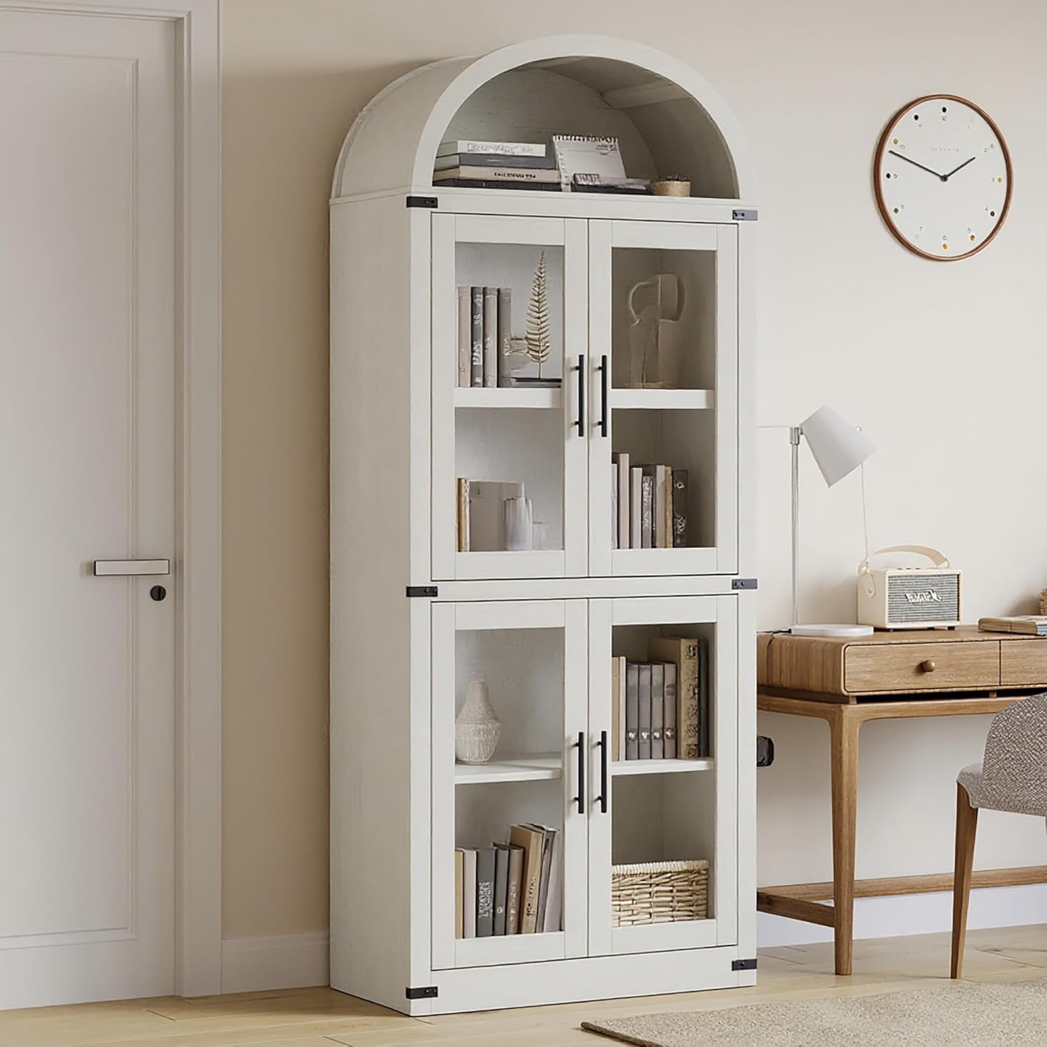 AOILE 72" Tall Arched Farmhouse Bookcase with Doors, Wooden Display Cabinet with Storage Shelves