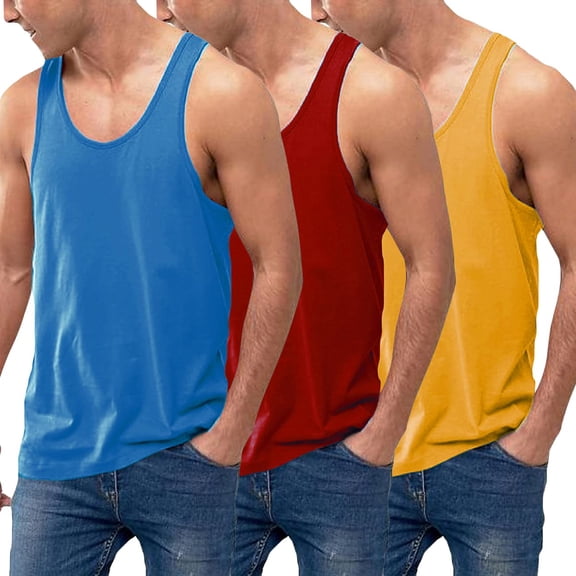 Men's 3 Pack Cotton Performance Classic Tank Tops (Medium Blue/Red/Yellow)