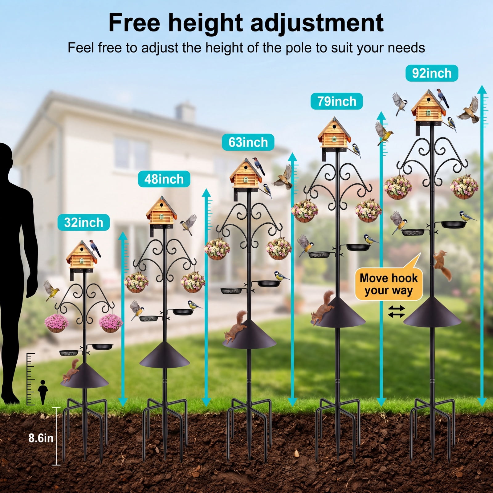Heavy Duty Bird Feeder Pole,92 Inch Squirrel Proof Adjustable Bird Feeding Station,8 Shepherd Hooks for Feeder Stand, Includes Water Bowl and Mesh Tray,for Outdoor Garden & Yard