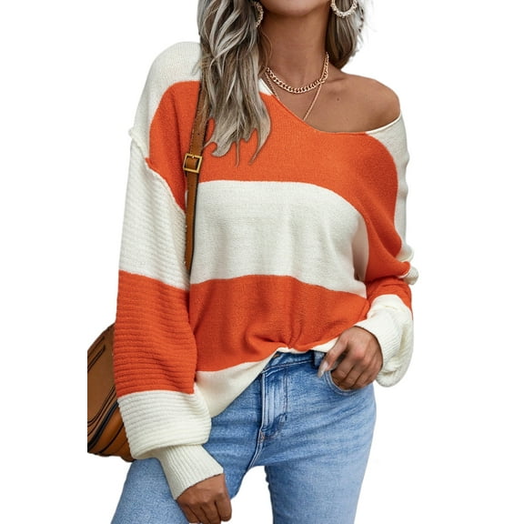 Women's Orange Stripe Color Block Drop Shoulder Bubble Sleeve Sweater | [ZhiHiMeRi] | (US 12-14)L