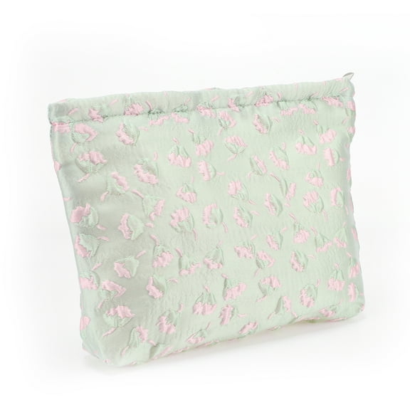 Women Portable Floral Makeup Bag for Outdoor Activities Travel Green Light Pink Canvas