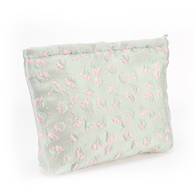 Bolsa de maquillaje floral portátil para mujeres para actividades al aire libre, viaje, verde, rosa claro, lona