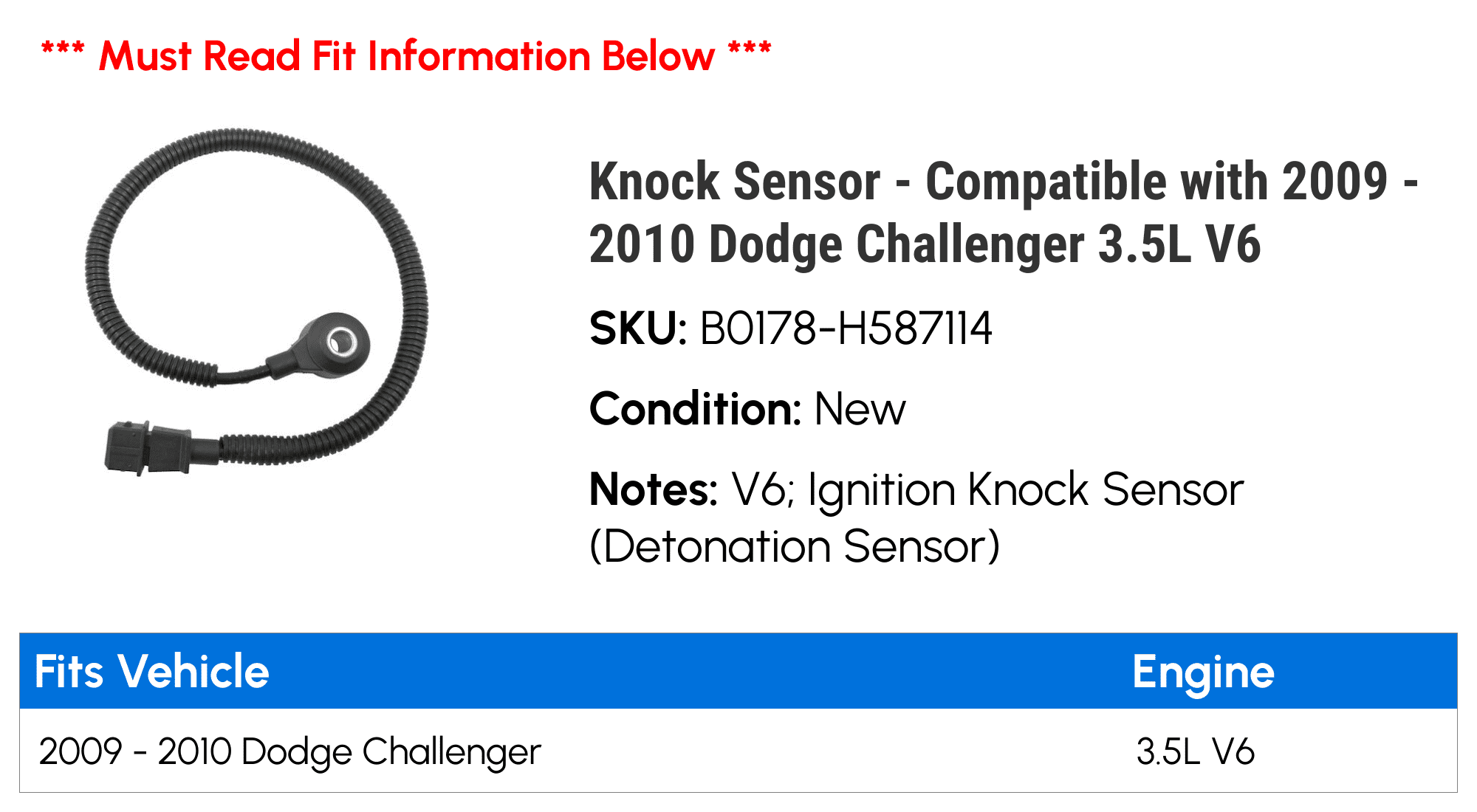 Knock Sensor - Compatible with 2009 - 2010 Dodge Challenger 3.5L V6