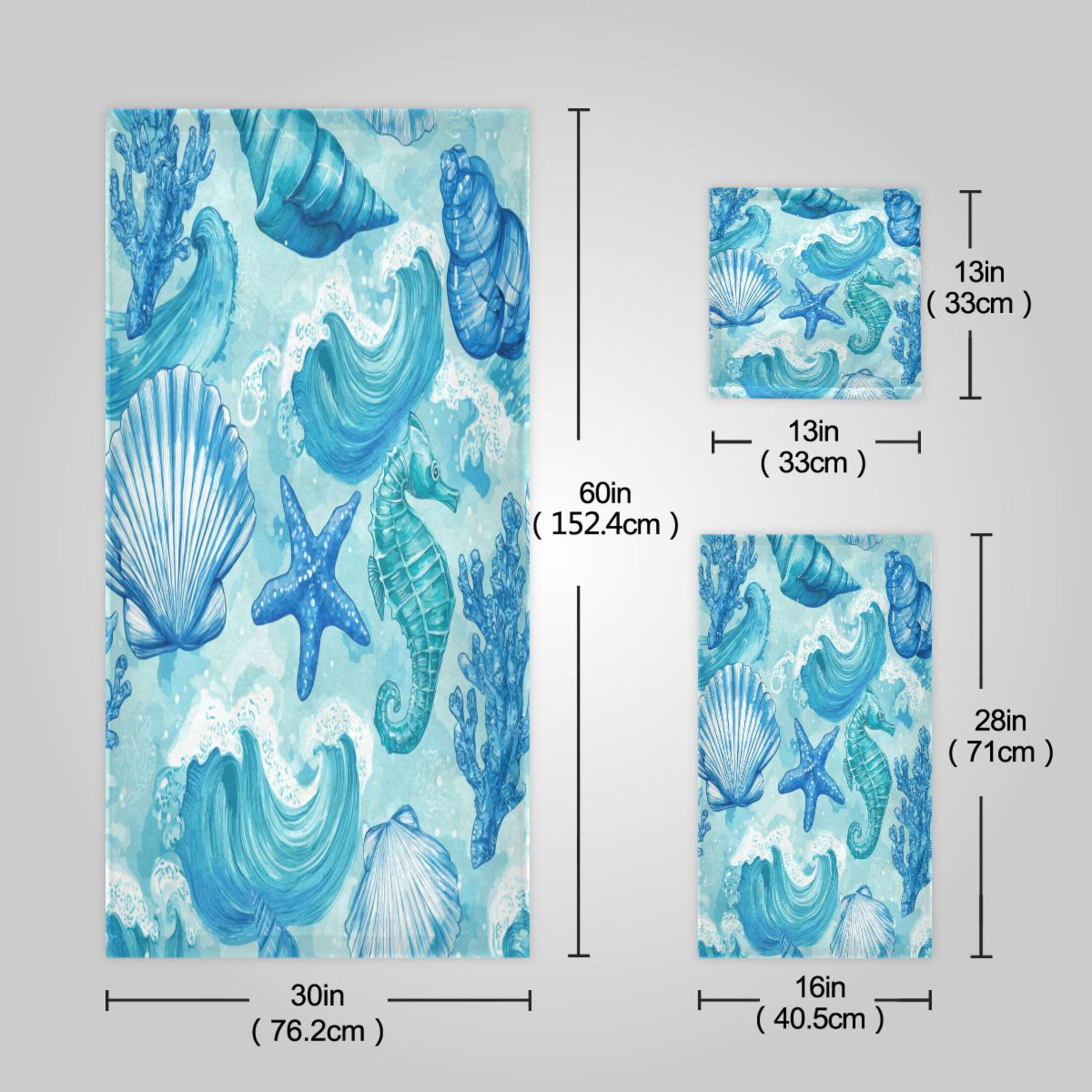 3 Pack Towel Set - Bath Towel, Hand Towel & Washcloth for Daily Household Use Nautical Blue Sea Life Art